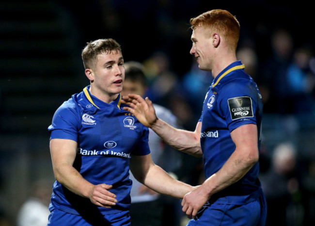 Jordan Larmour celebrates scoring his sides tenth try with Ciaran Frawley