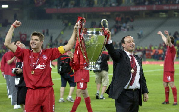 BT Sport, Football, UEFA Champions League Final, 25th May 2005, Ataturk Stadium, Istanbul, AC Milan 3 v Liverpool 3, ( Liverpool won 3-2 on penalties), Liverpool captain Steven Gerrard (left) with manager Rafael Benitez celebrate with the trophy