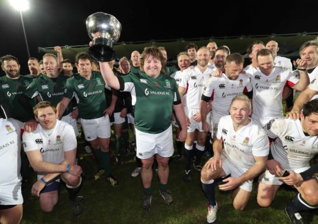 Ireland’s Shane Byrne with the Stuart Mangan Cup at the end of the match