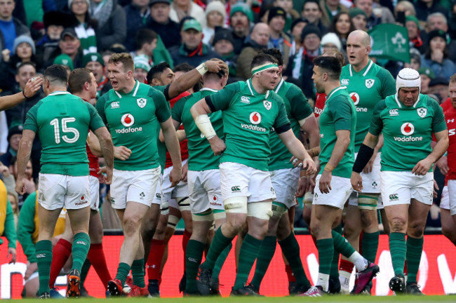 Bundee Aki celebrates Dan Leavy's try