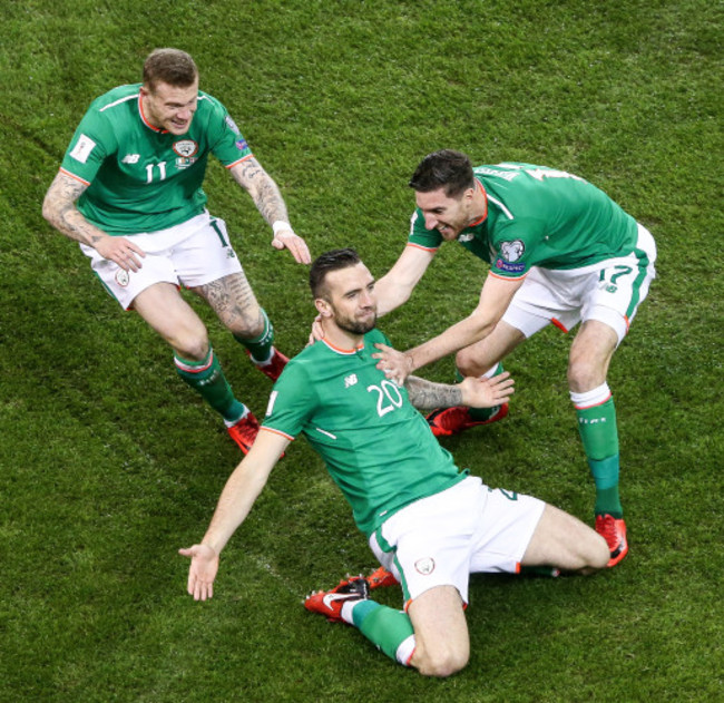 Shane Duffy celebrates scoring his side's first goal with James McClean and Stephen Ward