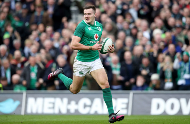 Jacob Stockdale intercepts the ball to score their first try