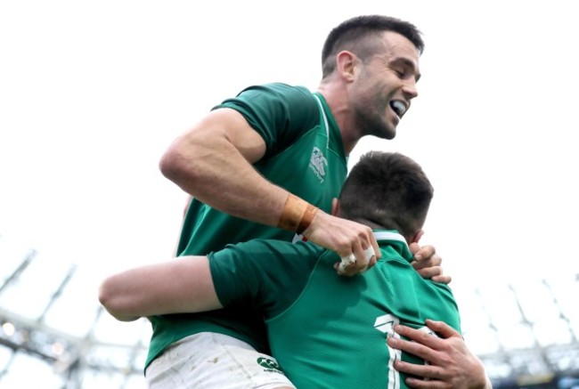 Jacob Stockdale celebrates scoring their second try with Conor Murray