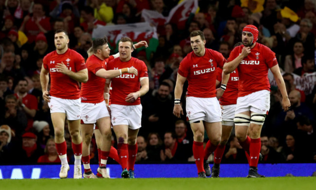 Hadleigh Parkes celebrates his try with Steff Evans