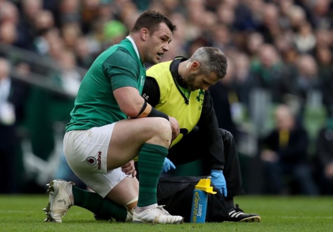 Cian Healy receives medical attention