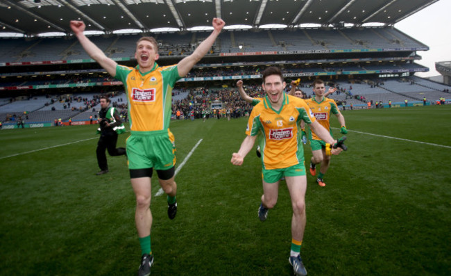 Kieran Fitzgerald and Martin Farragher celebrate at the end of the game