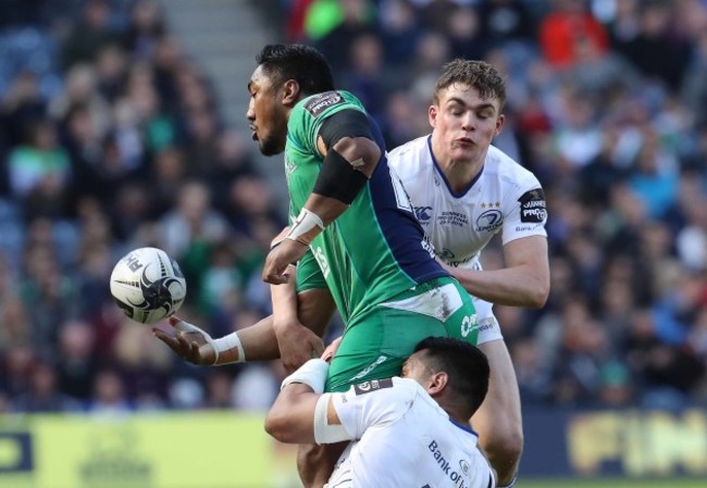 Connacht&rsquo;s Bundee Aki is tackled by Leinster&rsquo;s Ben Te'o and Garry Ringrose