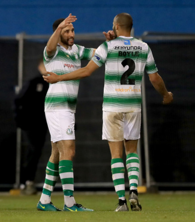 Roberto Lopes and Ethan Boyle of Rovers celebrate the first goal of the game