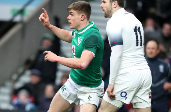 Garry Ringrose celebrates after scoring a try