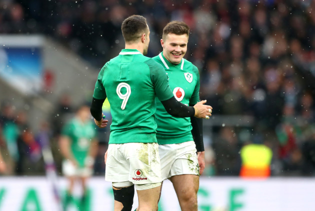 Conor Murray congratulates Jacob Stockdale on his try