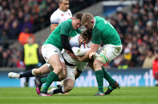 Jacob Stockdale and Dan Leavy tackle Elliot Daly