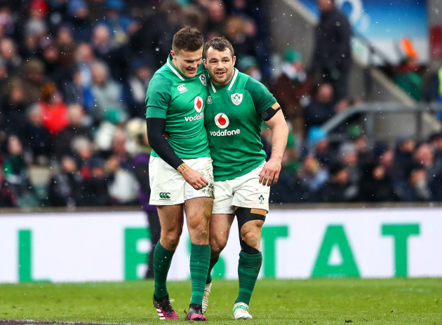 Jacob Stockdale celebrates scoring their third try with Cian Healy