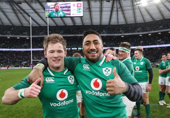 Kieran Marmion and Bundee Aki celebrate winning