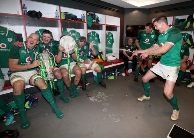 Devin Toner, James Ryan, Peter O'Mahony and Jonathan Sexton celebrate winning