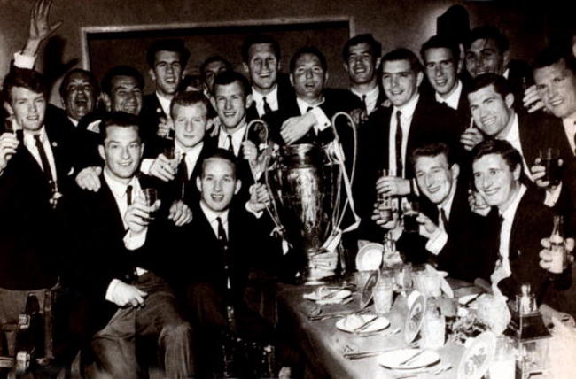 Sport. Football. European Cup Final. Lisbon, Portugal. 25th May 1967. Celtic 2 v Inter Milan 1. The Celtic team are pictured with the trophy at their celebration banquet after the match. The team includes Steve Chalmers, Billy McNeill, Bobby Murdoch, Tomm