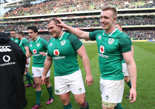 Jack McGrath celebrates with Dan Leavy after the game