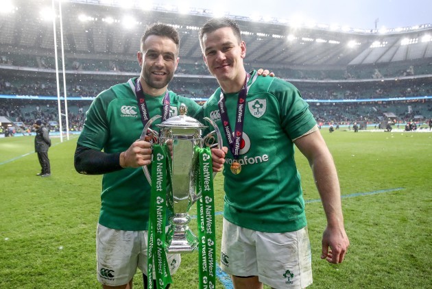 Conor Murray and Jonathan Sexton celebrate winning