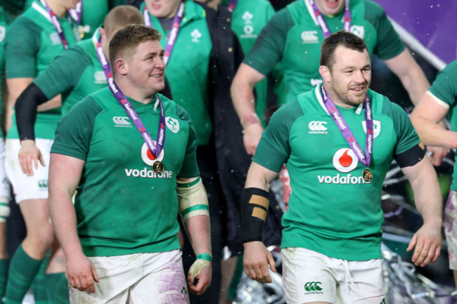 Tadhg Furlong and Cian Healy celebrate after the game