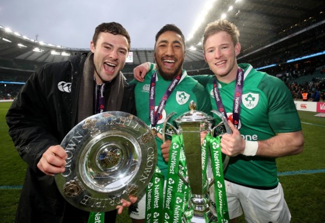 Robbie Henshaw, Bundee Aki and Kieran Marmion celebrate winning