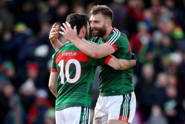 Aidan O&rsquo;Shea celebrates after the game with Kevin McLoughlin