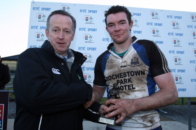 Peter O'Mahony receives the man of the match awrd from Maurice Crowley
