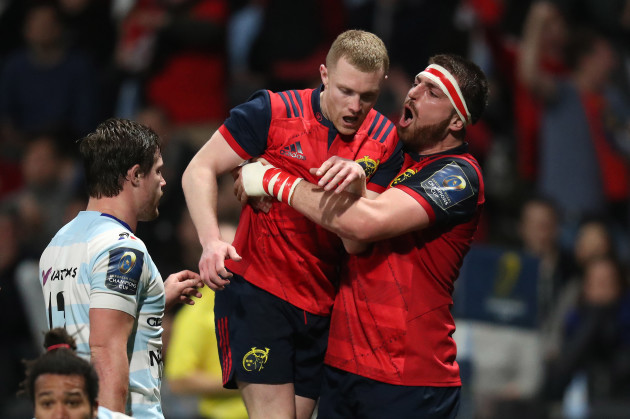 Keith Earls is congratulated by Jean Kleyn after scoring a try