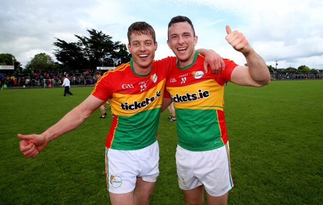 Paul Broderick celebrates after the game with Darragh Foley