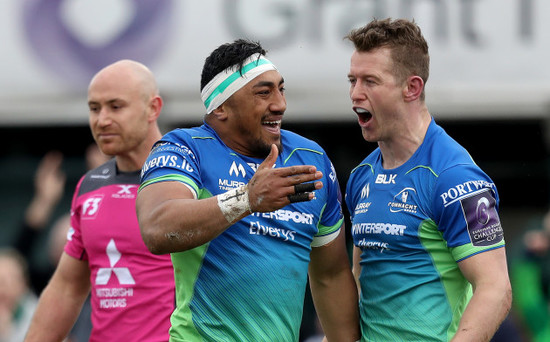 Bundee Aki celebrates scoring a try