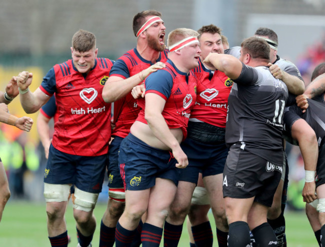 Jack O'Donoghue, Jean Kleyn, John Ryan and Niall Scannell celebrate a penalty from a scrum