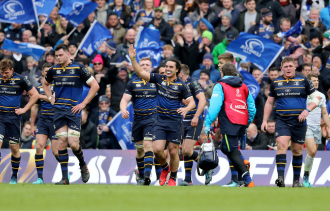 James Lowe celebrates his try