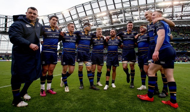 Cian Healy, Joey Carbery, Nick McCarthy, Max Deegan, James Tracy, Isa Nacewa, James Ryan, Andrew Porter, Devin Toner and Rory O'Loughlin celebrates after the game