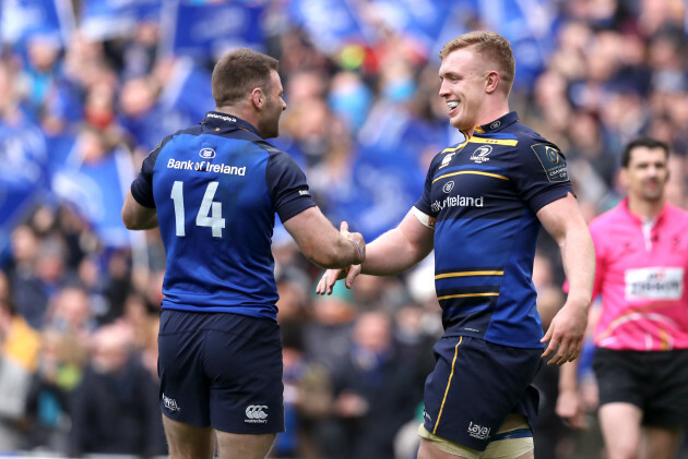 Dan Leavy celebrates his try with Fergus McFadden