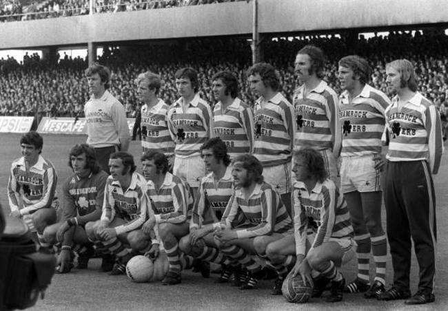 Sport, Football, Dublin, Republic of Ireland, June 1973, The Shamrock Rovers team line up prior to their match against Brazil, They are Back Row L-R: (First three unknown), Paddy Mulligan, Martin O' Neill, Derk Dougan (next two unknown), Front Row L-R: Br