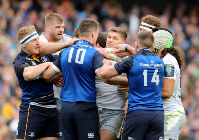 James Tracy, Johnny Sexton, Fergus McFadden scuffle with George Kruis and Owen Farrell