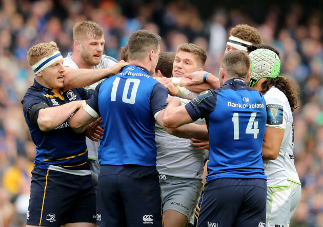 James Tracy, Johnny Sexton, Fergus McFadden scuffle with George Kruis and Owen Farrell