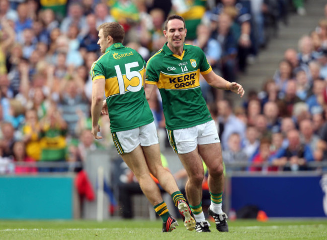 James O'Donoghue celebrates scoring the first goal of the game with Declan O'Sulliva