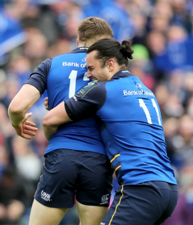 Garry Ringrose celebrates his try with James Lowe