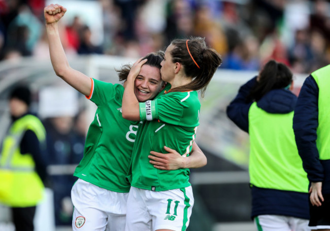 Leanne Kiernan celebrates scoring her sides first goal with Katie McCabe