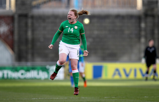 Amber Barrett celebrates at the final whistle