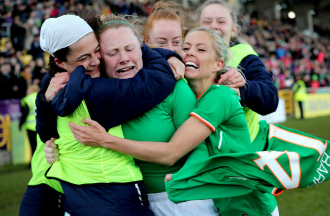 Amber Barrett celebrates scoring her sides second goal with teammates