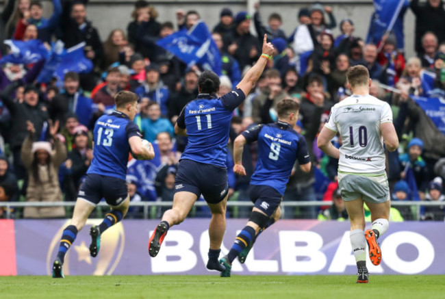 James Lowe celebrates as Garry Ringrose scores a try
