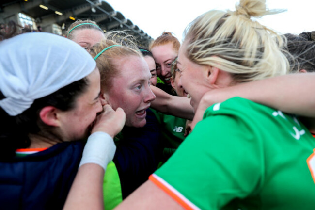 Amber Barrett celebrates scoring her sides second goal with teammates