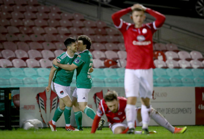 Jimmy Keohane celebrates scoring a goal with Barry McNamee