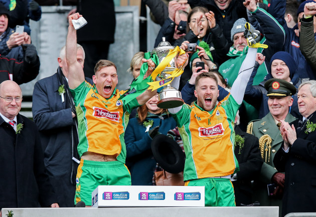 Ciaran McGrath and Micheal Lundy lift the cup