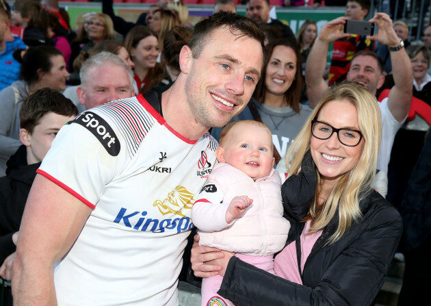 Tommy Bowe with his wife Lucy Whitehouse and their daughter Emma after his final home game for Ulster