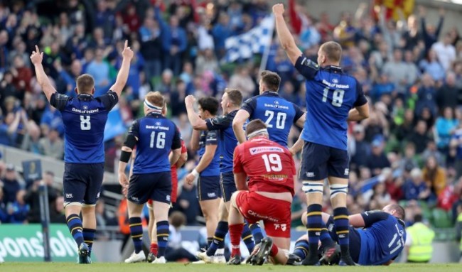 Leinster players celebrate at the final whistle