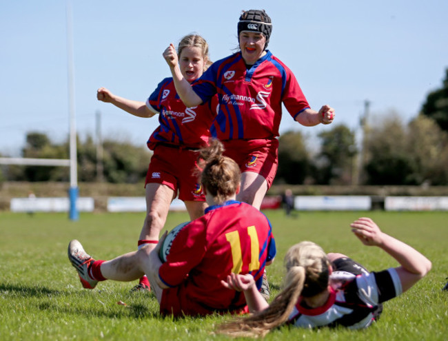 Laura Sheehan, Fiona Reidy and Laura O'Mahony celebrate a try