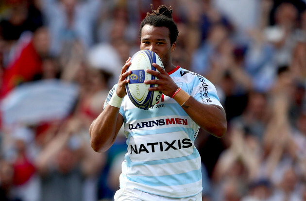 Teddy Thomas celebrates before Maxime Machenaud scored his sides third try