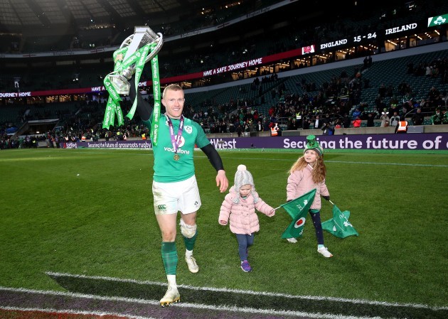 Keith Earls celebrates winning with his daughters Ella May and Laurie