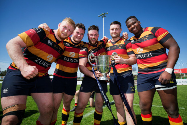 Martin Mulhall, Greg McGrath, Tyrone Moran, James Rael and Ntinga Mpiko celebrate with the trophy after the game